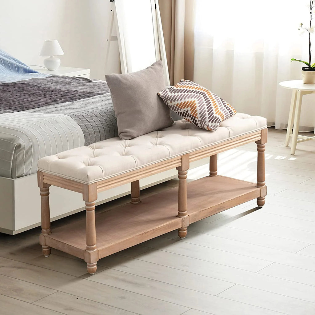 Bonzy Home Upholstered Tufted Storage Bench, 47”French Vintage Entryway Bench & Dining Bench, Fabric End of Bed Bench for Bedroom Living Room Hallway, Beige