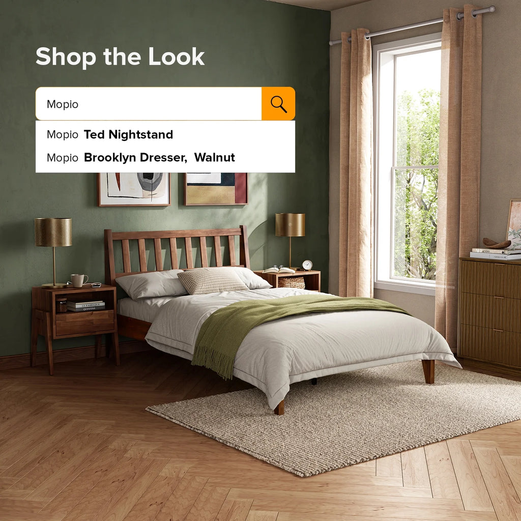 Mopio Ted Queen Bed Frame with Headboard, Full Size Bed Frame, Mid Century Modern Acacia Solid Wood Platform Bed Frame, Wooden Bed Slats, No Box Spring Needed, Double Metal Bar Support, Walnut