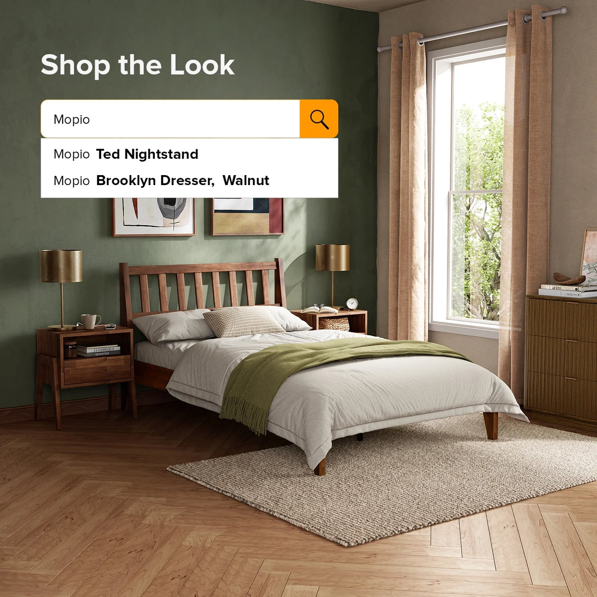 Mopio Ted Queen Bed Frame with Headboard, Full Size Bed Frame, Mid Century Modern Acacia Solid Wood Platform Bed Frame, Wooden Bed Slats, No Box Spring Needed, Double Metal Bar Support, Walnut