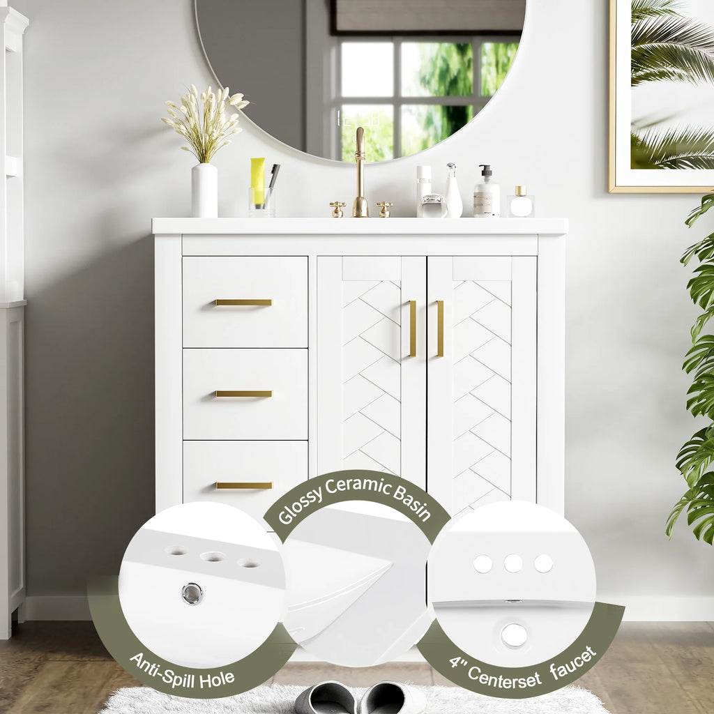 ENSHUI 30-Inch Bathroom Vanity with Ceramic Sink Combo, Solid Wood Frame, 4 Drawers, Soft Closing Doors, Green