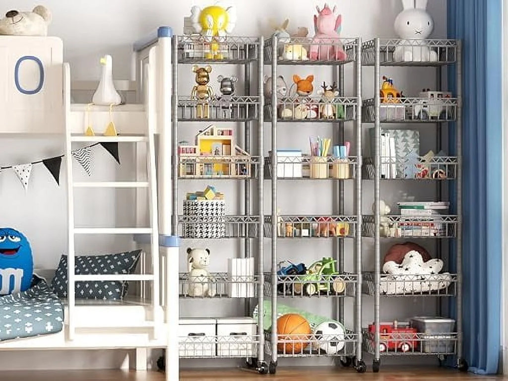 6 Tier Wire Shelving Unit with Wheels Baskets Storage Rack Corner Shelves Adjustable Shelf Closet Bathroom Organizers Metal Pantry Kitchen Garage Laundry Room 13.5" D x 13.5" W x 63" H White