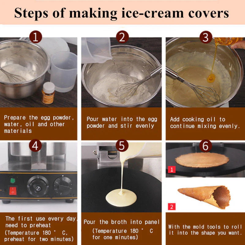 Electric Ice Cream Cone Maker Machine Double Station Baker for Round Cone Waffle Crispy Pancake Cooking