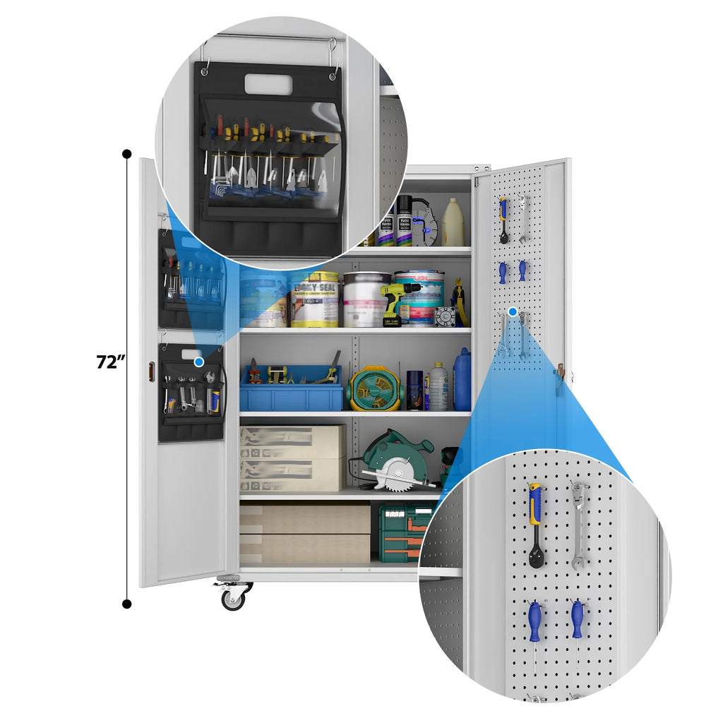 SUPEER 71" Metal Storage Cabinets with Wheels and Pegboards, Industrial Cabinet with 2 Drawers and 2 Adjustable Shelves,, Assembly Required