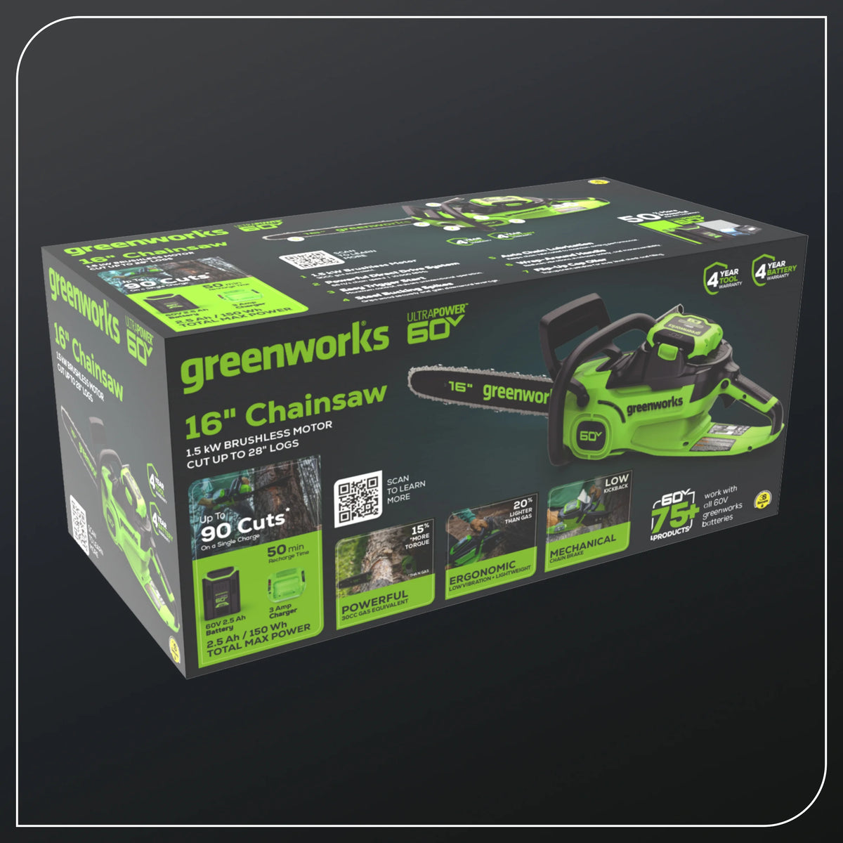 Greenworks 60V 16" 1.5kW Brushless Chainsaw with 2.5 Ah Battery & 3 Amp Charger 2028602