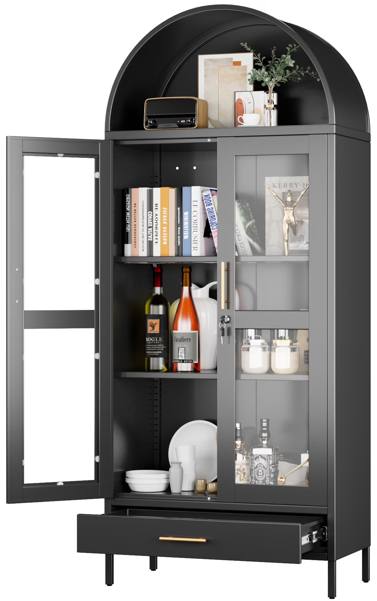 SUPEER Metal Arched Storage Display Cabinet with Glass Doors and Adjustable Shelves, Lockable Cabinet, Assembly Required, Black