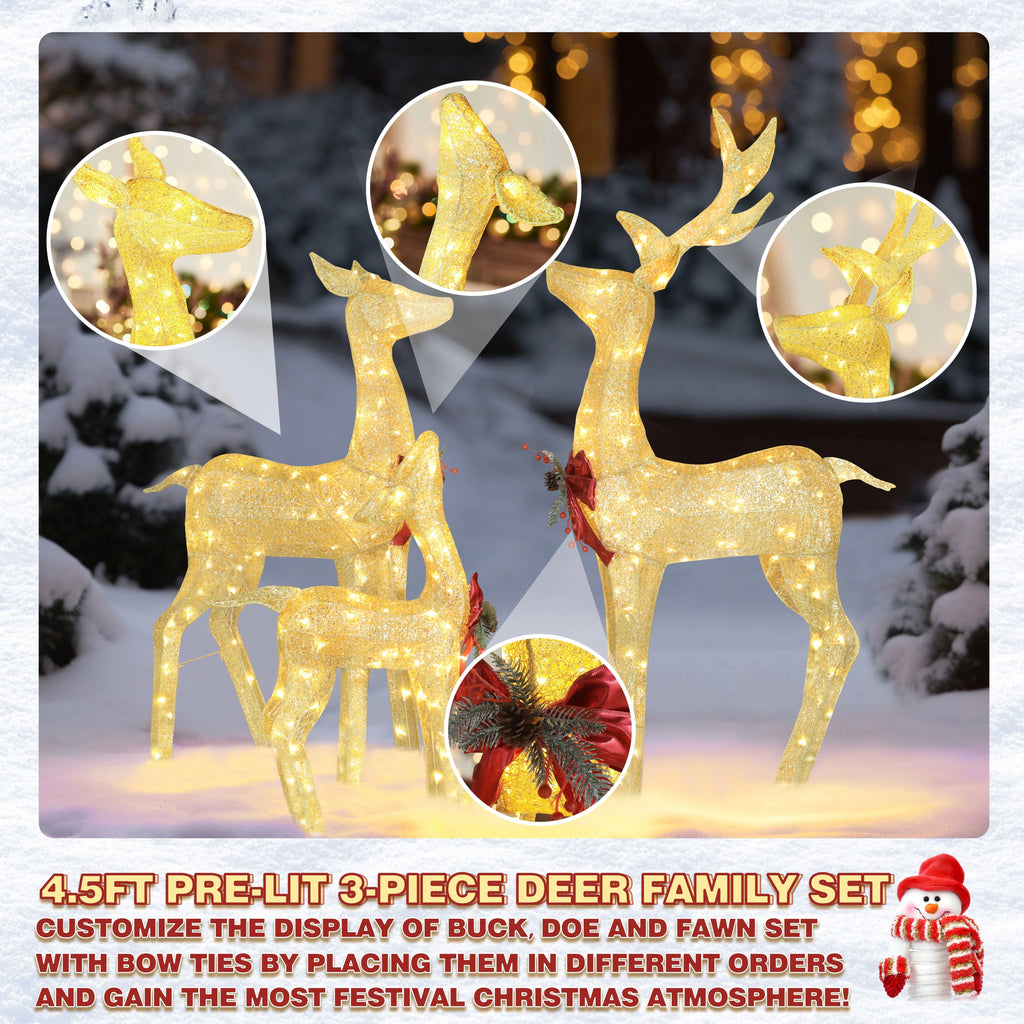 VEIKOUS Christmas Lighted Deer Family Set Outdoor Decor w/ 200 Warm Lights Reindeer Christmas Decor, Ground Stakes and Zip Ties, Gold