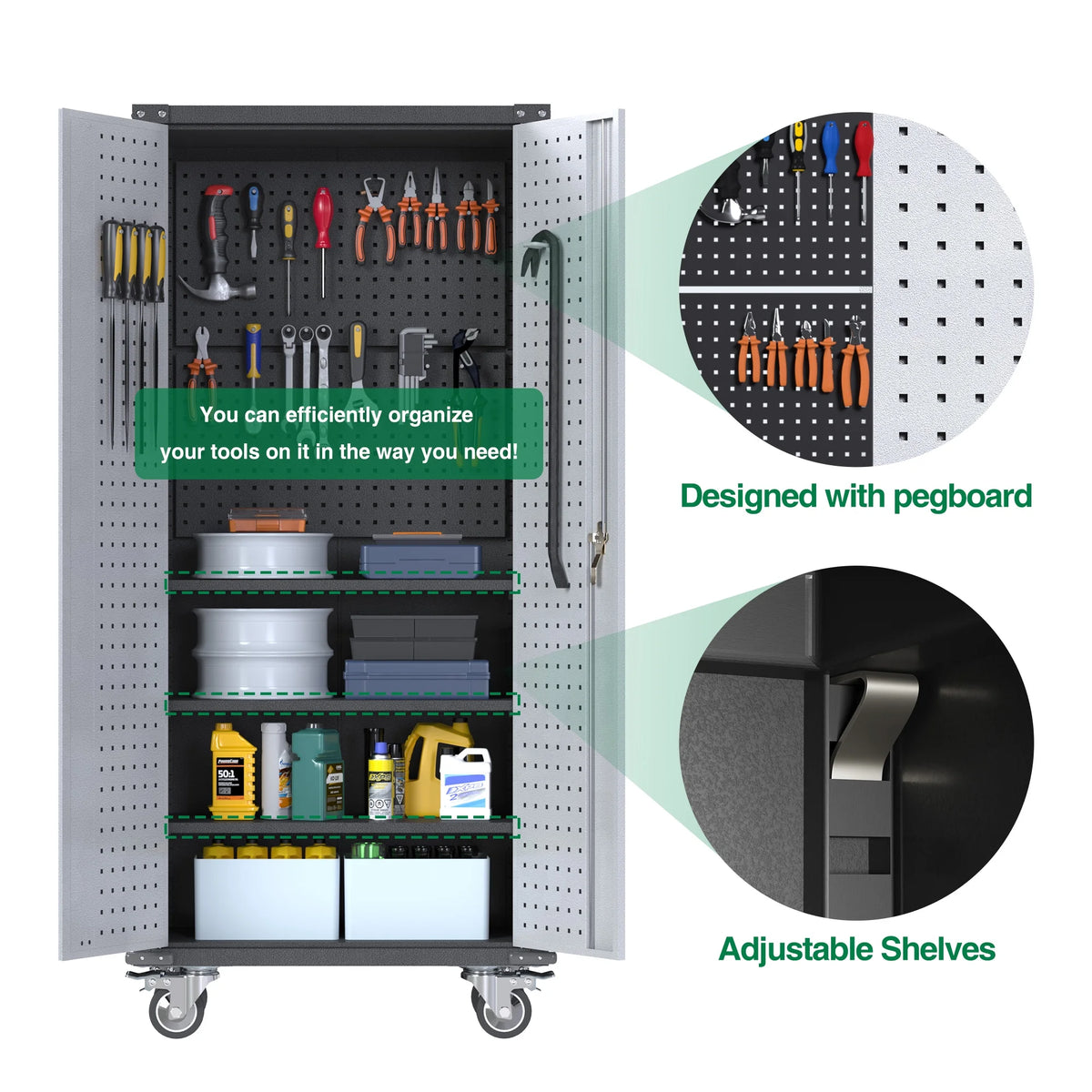 SUPEER 71" Metal Storage Cabinets with Wheels and Pegboards, Industrial Cabinet with 2 Drawers and 2 Adjustable Shelves,, Assembly Required