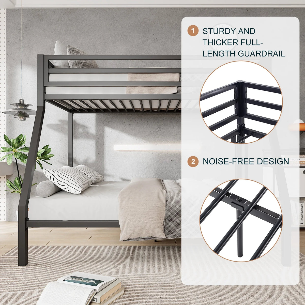 Amolife Twin over Full Size Metal Bunk Bed with Removable Ladder, Full-Length Guardrail, Black