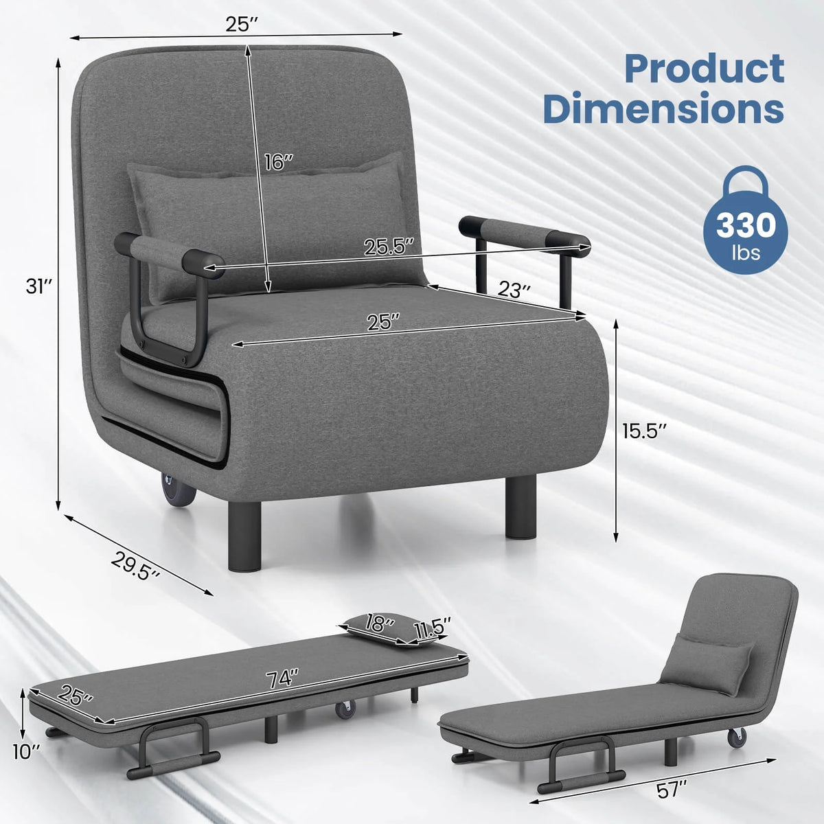 Costway 3-in-1 Convertible Sofa Bed with 5-Position Adjustable Backrest & Lumbar Pillow Brown