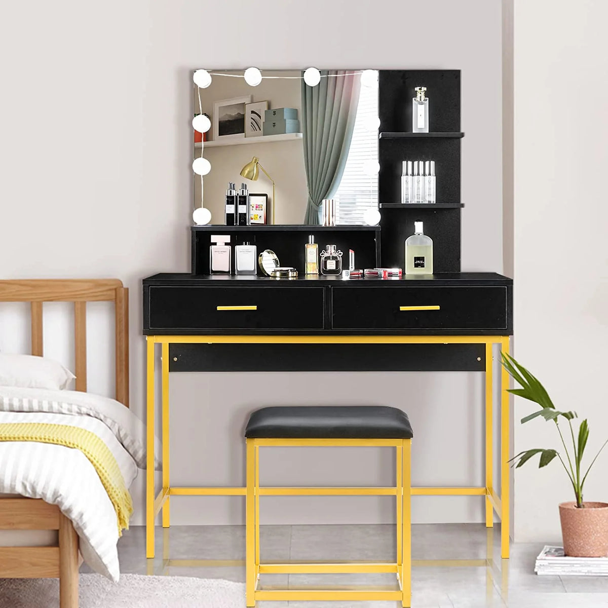 Ktaxon Lighted Makeup Vanity, White Vanity Table Set with 2 Drawer and Charging Station, Femal Gift