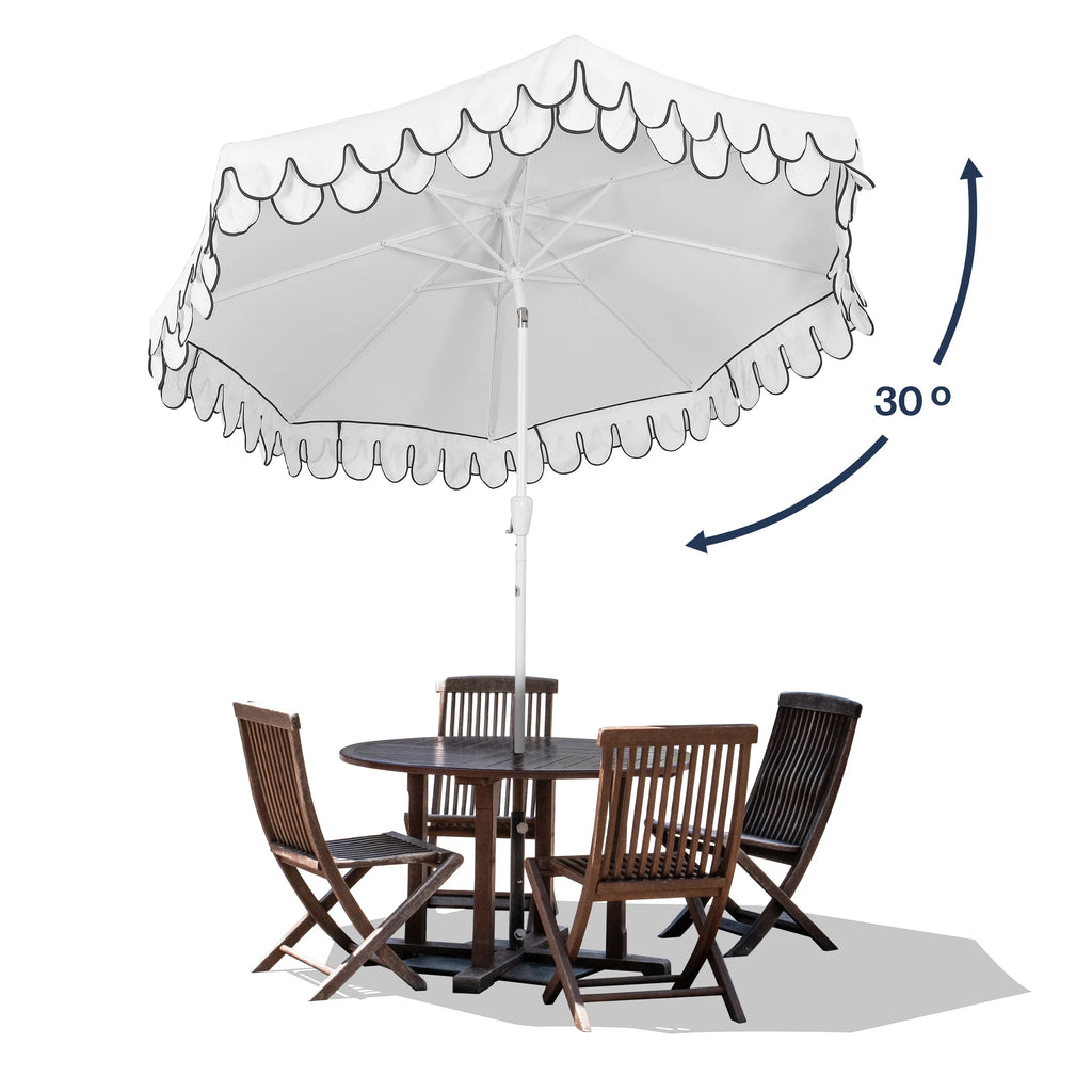 JONATHAN Y Tracy 9 ft. Market Patio Umbrella, Classic Mid-Century Scalloped Fringe, with Auto-Tilt Crank, Wind Vent and UV Protection, Coral Pink/White, Dark Brown Pole