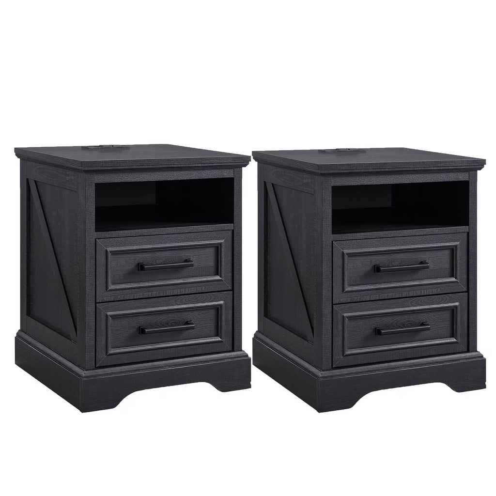 ACCOHOHO Nightstands Set of 2 with Charging Station, Rustic End Table with 2 Drawers Farmhouse Side Table with 3-tier Storage for Bedroom Living Room, White