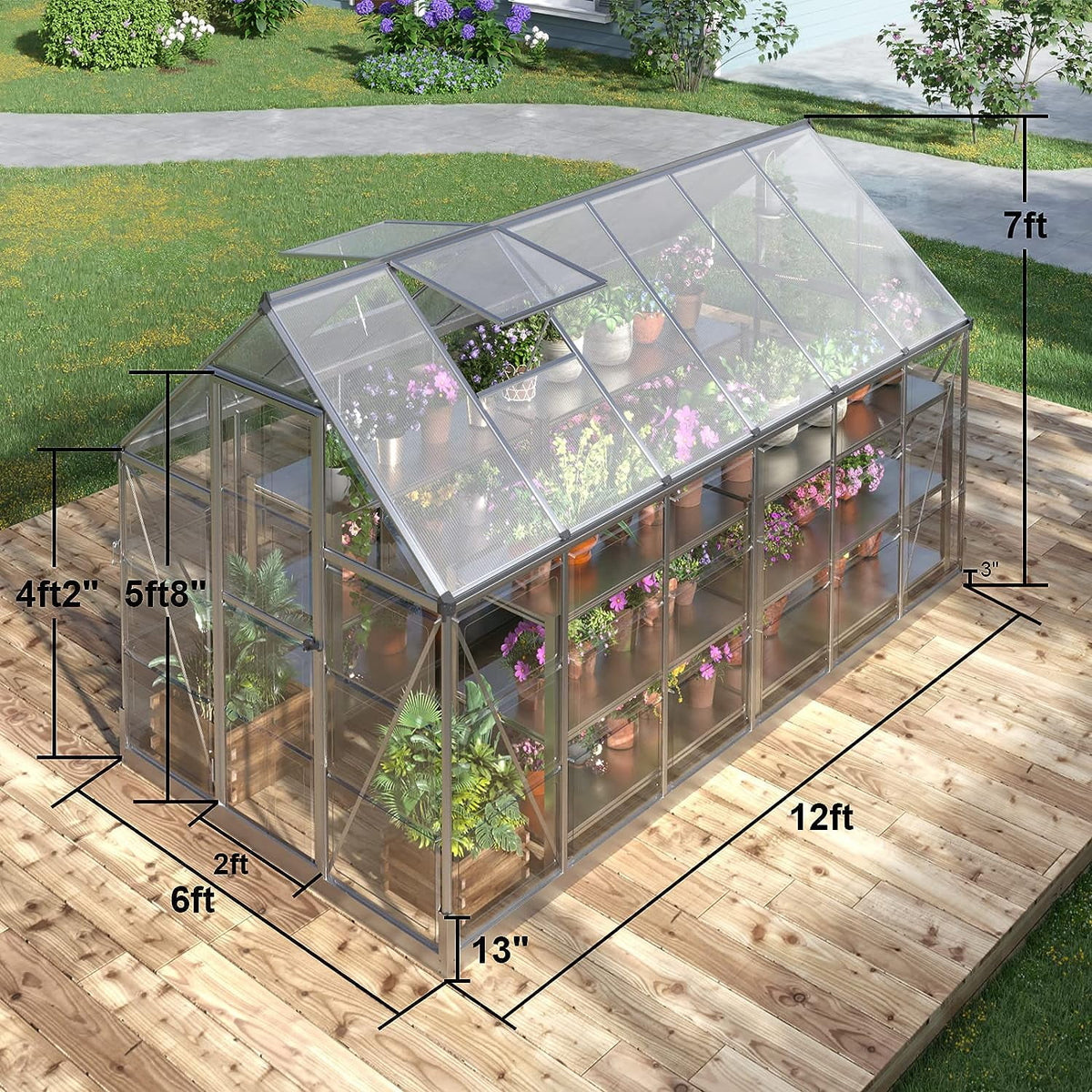 Jocisland 8x8x7 FT Polycarbonate Walk-In Greenhouse with Aluminum Frame, 2 Top-Opening Windows & 2 Swing Doors, Heavy Duty for Outdoor Garden Use, Black