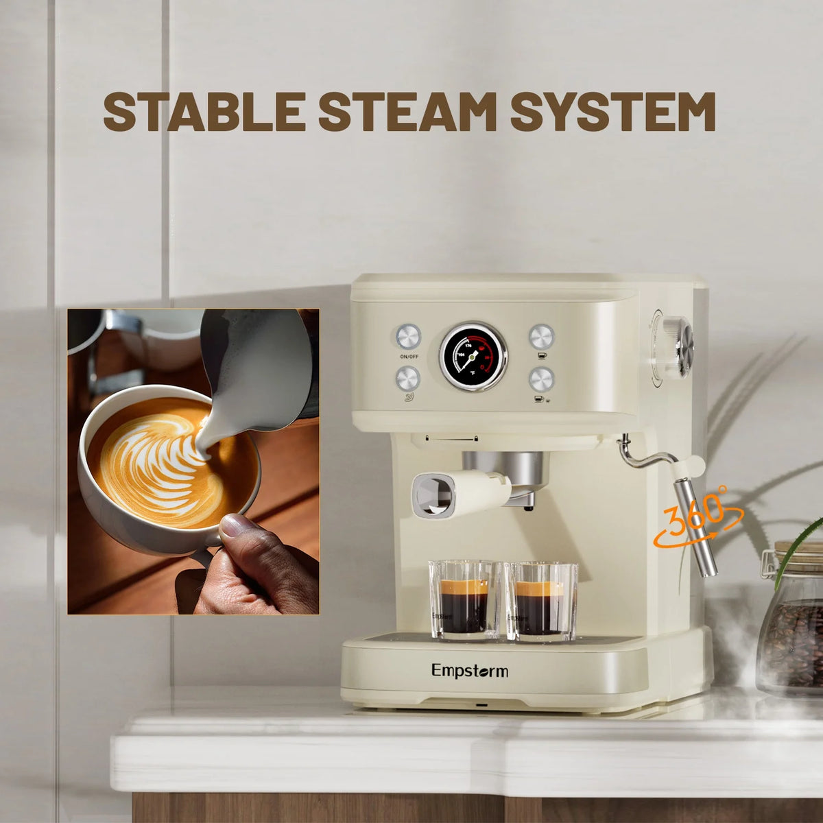 Empstorm 20 Bar Espresso Machine with Milk Frother Steam Wand, 3-in-1 Coffee Maker, Compatible with NS Pods, Stainless Steel, for Latte & Cappuccino, Beige