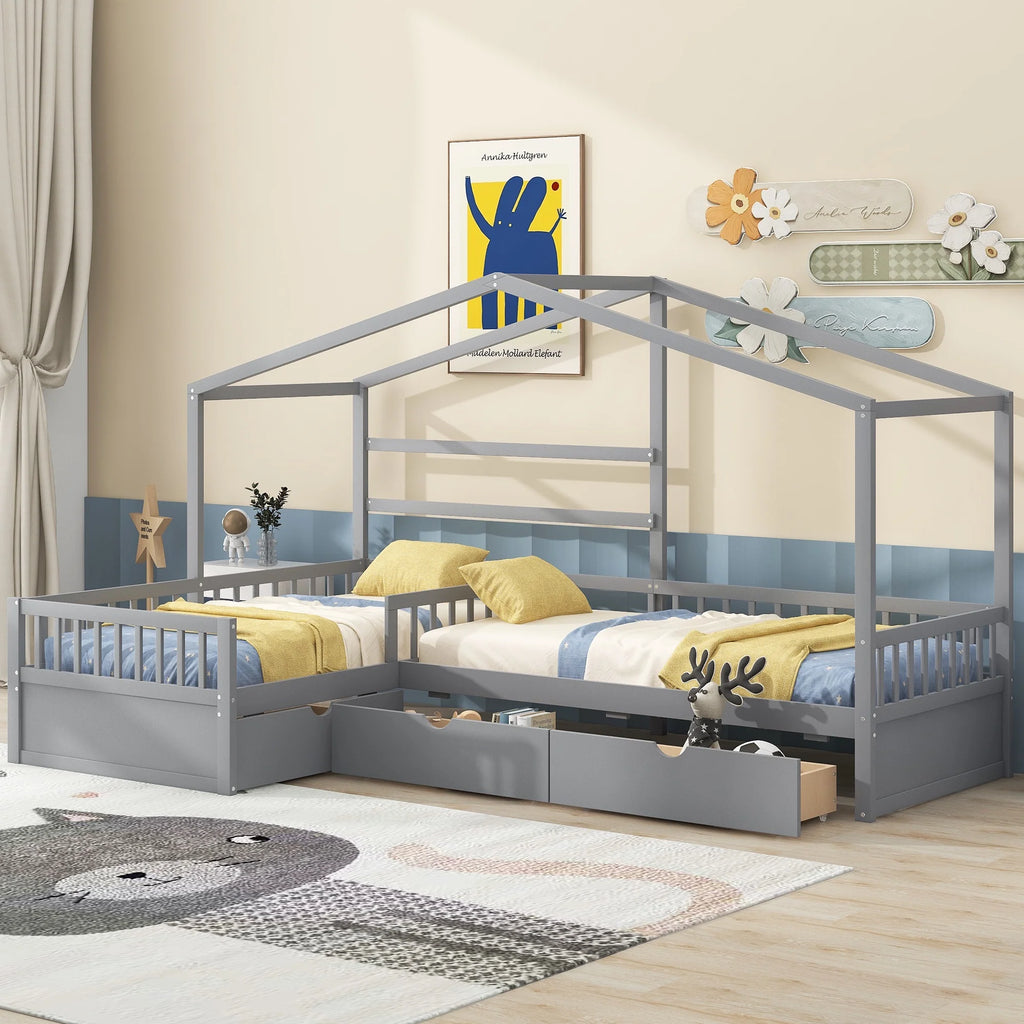 Bellemave House Bed Double Twin Beds, Wood L-Shape Twin Bed with 3 Storage Drawers, Montessori Bed with Roof and Fencefor Toddler Kids Girls Boys (White)