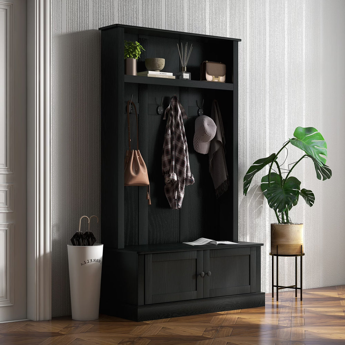 HOMCOM Hall Tree, Entryway Bench w/ Coat Rack, Shoe Cabinet, Black