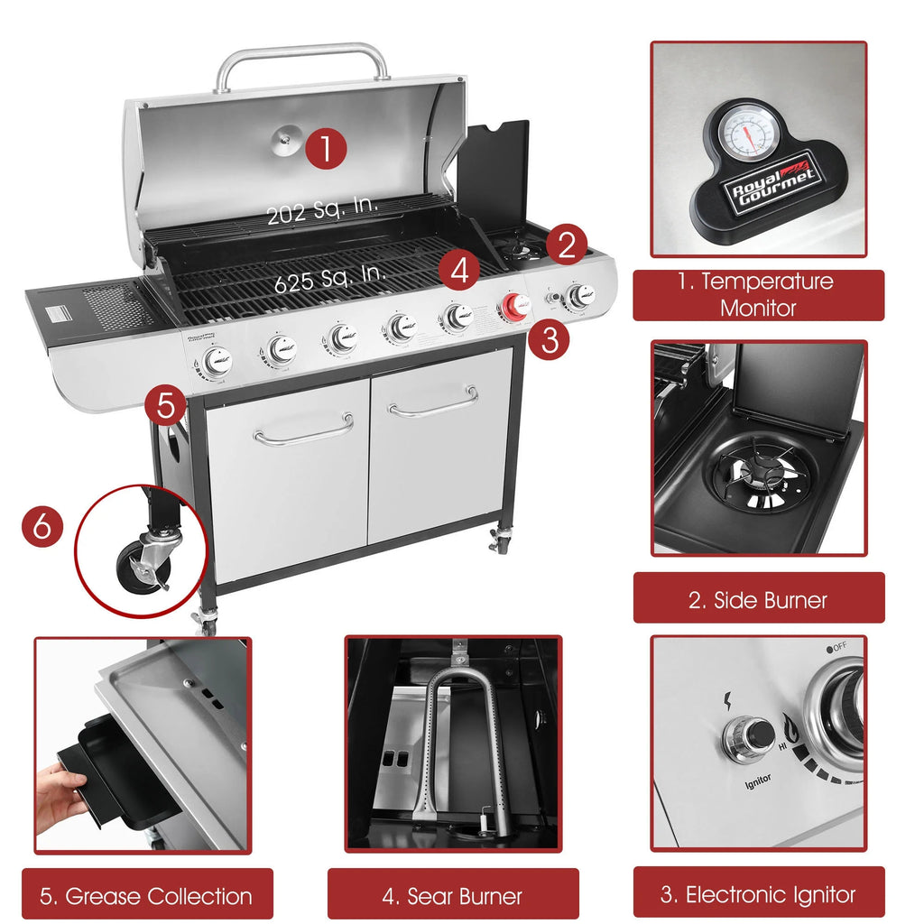Gourmet SG6002 Classic 6-Burner 71000-BTU LP Gas Grill with Sear Burner and Side Burner, Stainless Steel