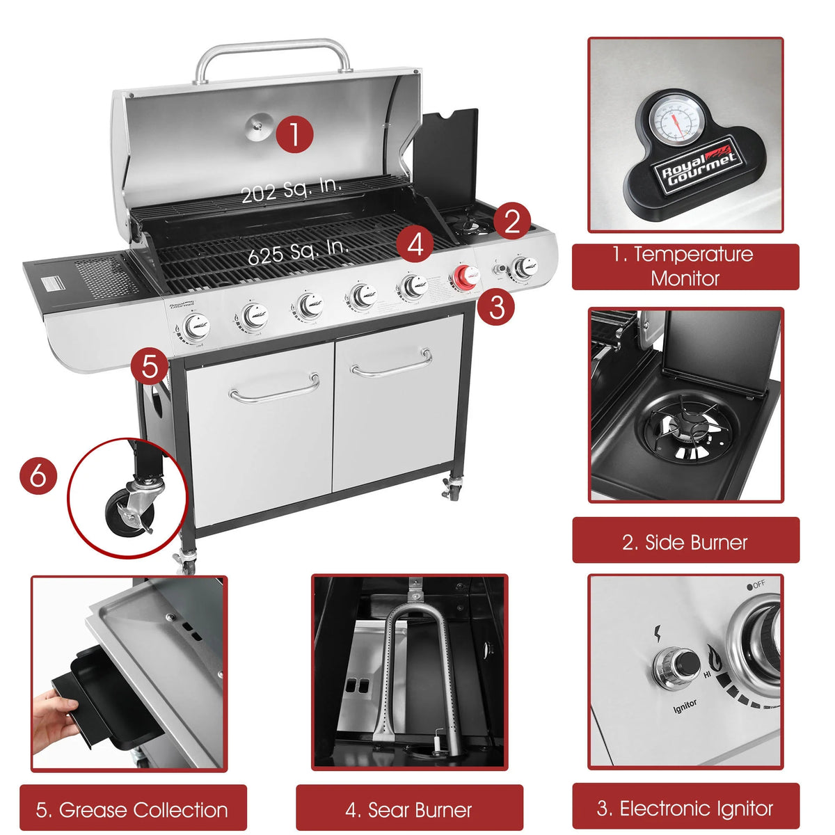 Gourmet SG6002 Classic 6-Burner 71000-BTU LP Gas Grill with Sear Burner and Side Burner, Stainless Steel