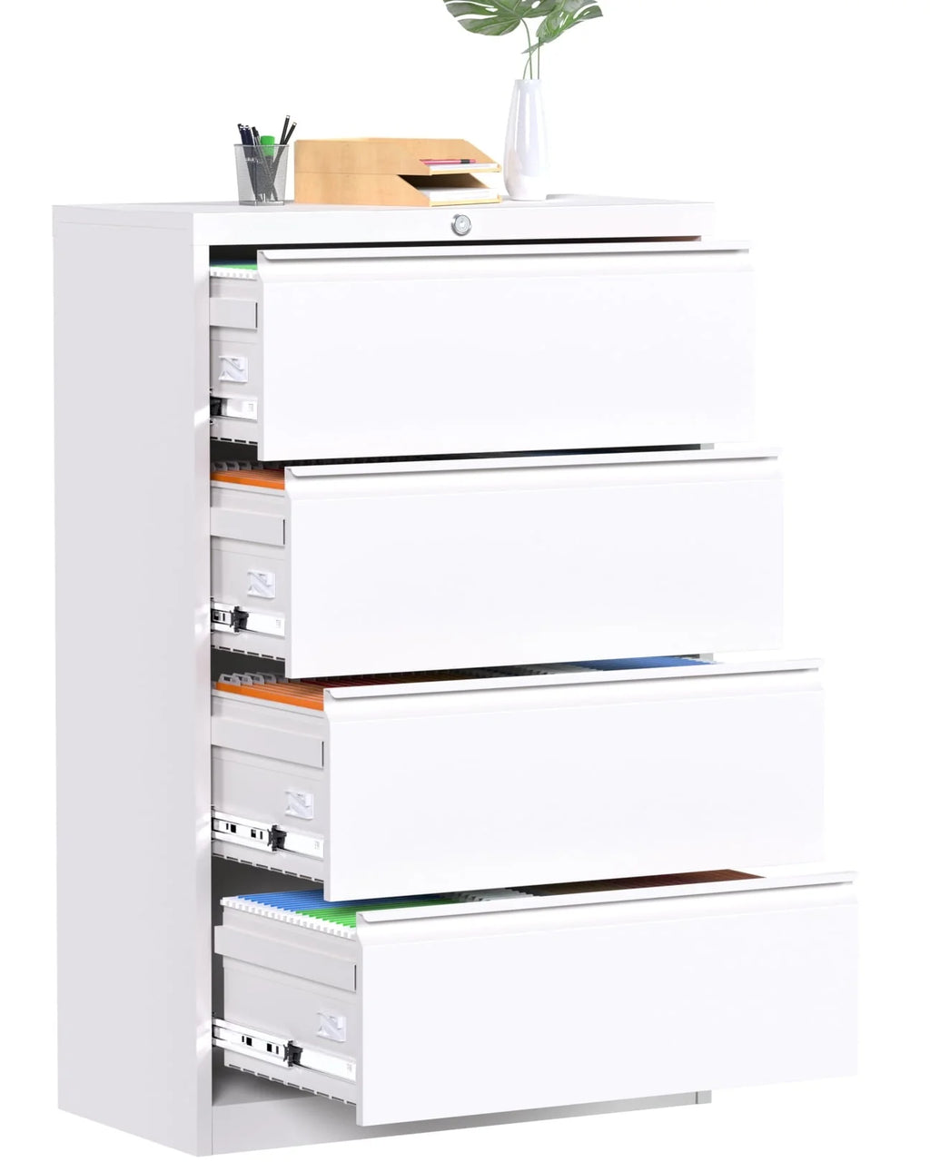 Supeer Four Drawer Metal Lateral File Cabinet, Storage White File Cabinet with Large Deep Drawers, Locking Wide File Cabinet for School, Office, Home,  Assembly Required