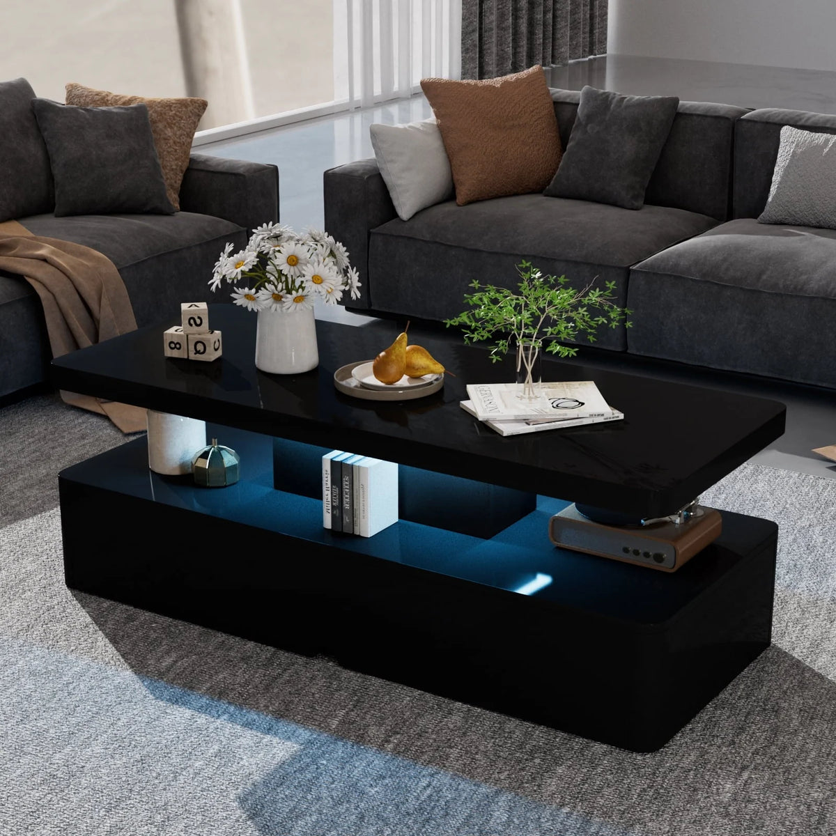 Oneinmil Modern Stylish Coffee Table with 12 Colors LED Lights, Double-Layer Design for Living Room, Black High Gloss Acrylic
