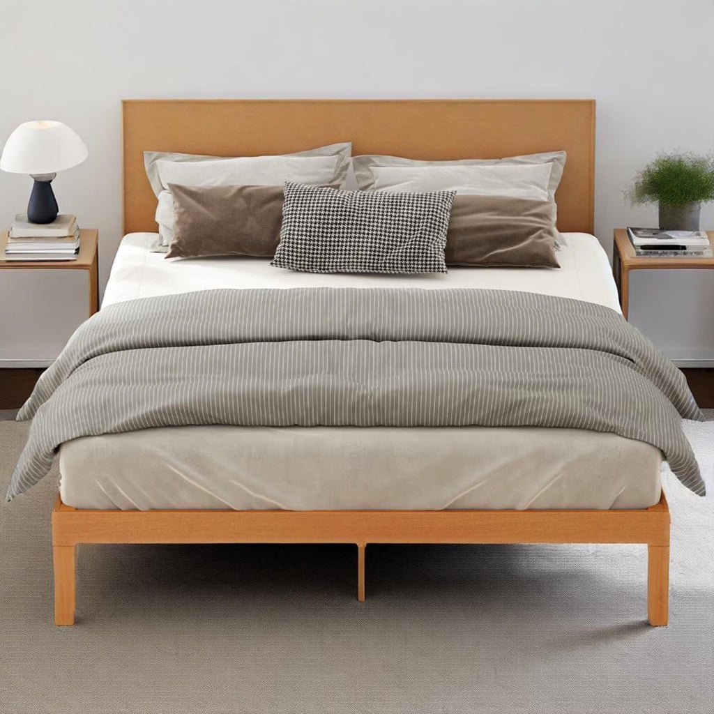 MCQ Full Size Wood Bed Frame, 12in Wooden Platform Bed Frame with Support Slats, No Spring Needed, Storage Space Under Base, Natural Pine