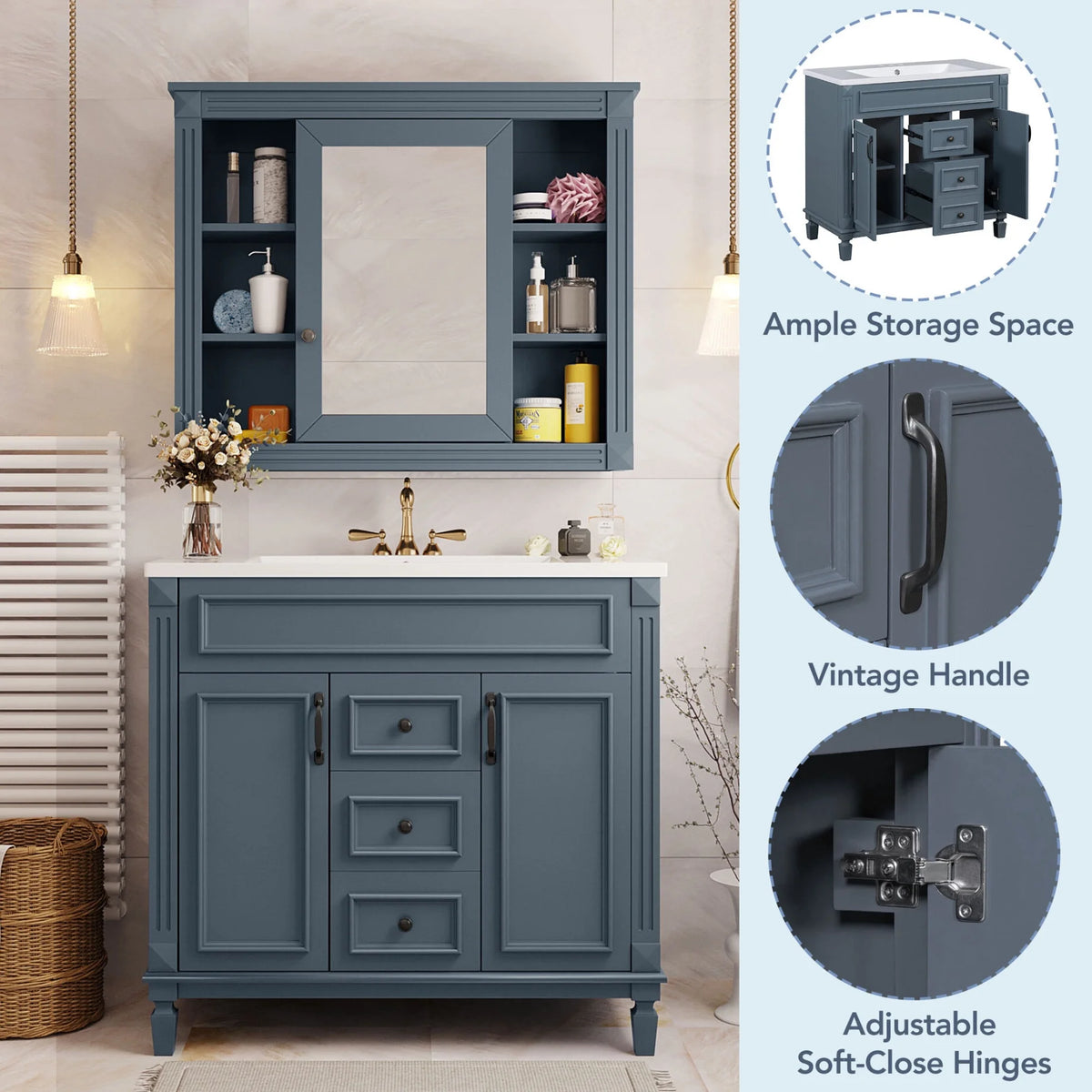 Modern Bathroom Cabinet Set with Top Sink,  Bathroom Vanity with Wall Mounted Bathroom Storage Cabinet, 2 Soft Closing Doors, 2 Drawers, Water-Resistant Paint, Grey