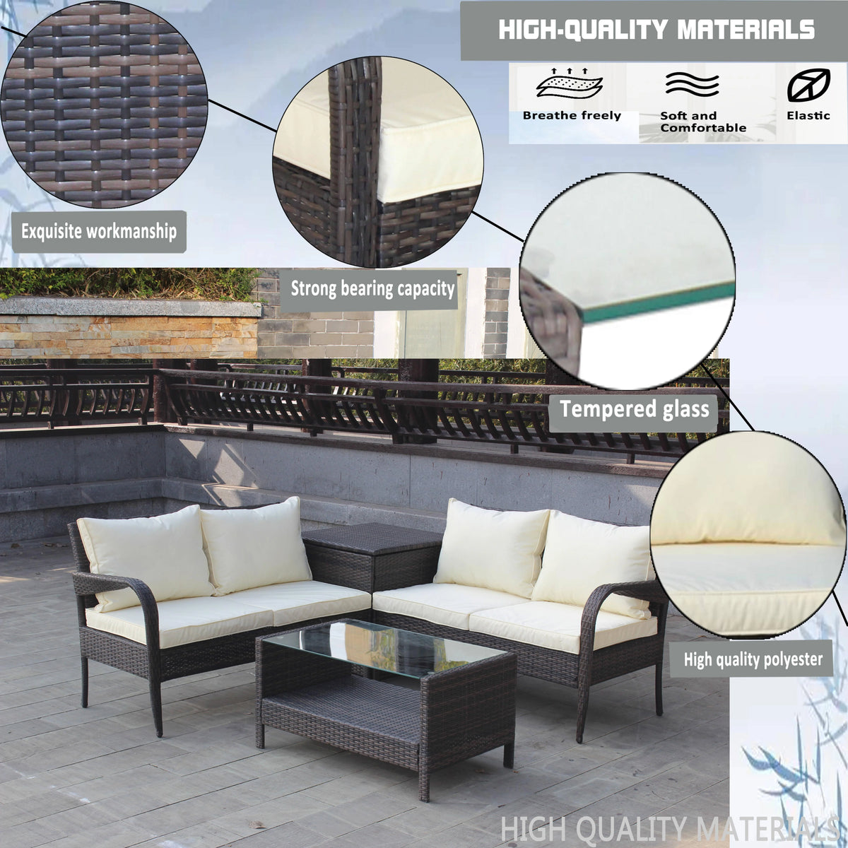 SEGMART 4 Piece Patio Furniture Set, All-Weather Outdoor Sectional Sofa Set, PE Rattan Conversation Set with Storage Box, Table & Cushions, Wicker Furniture Couch Set for Patio Deck Garden