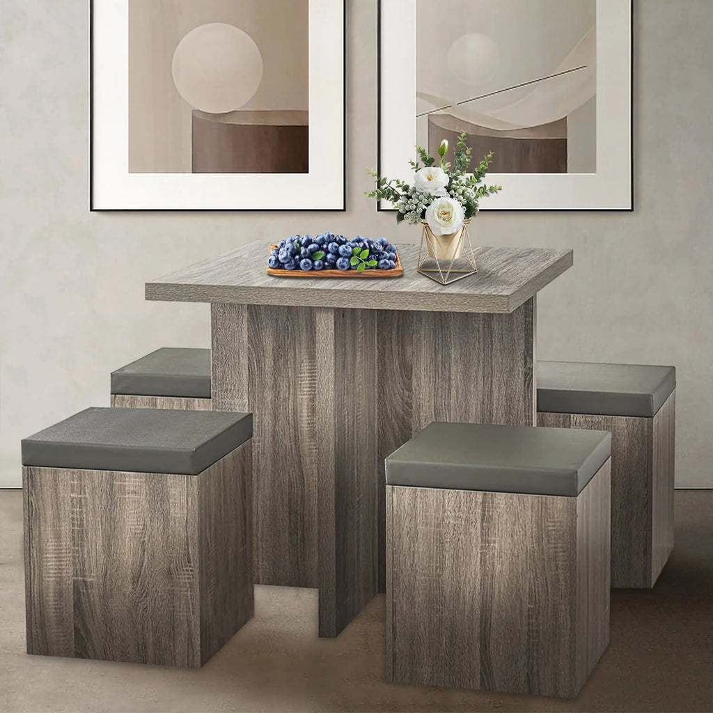 SUGIFT 5-Piece Dexter Dining Set with Storage Ottoman, Taupe