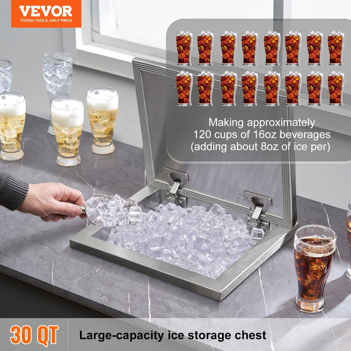 KFFKFF 14"x12"x18" Drop in Ice Chest Ice Cooler Ice Bin Stainless Steel w/Cover