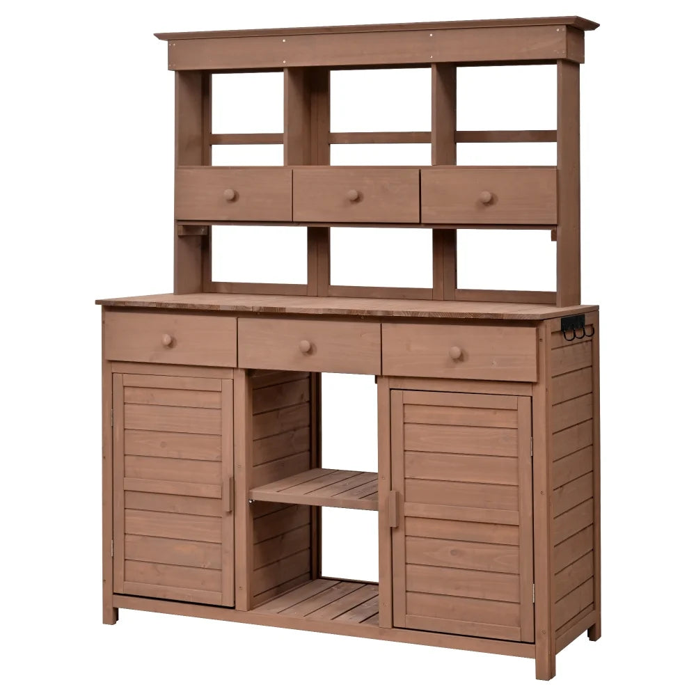 Rustic 65.7'' Tall Garden Potting Bench Table with Hutch, 3 Shelves, 6 Drawers, 2 Cabinets & 3 Side Hooks for Mudroom, Patio, 3 Color