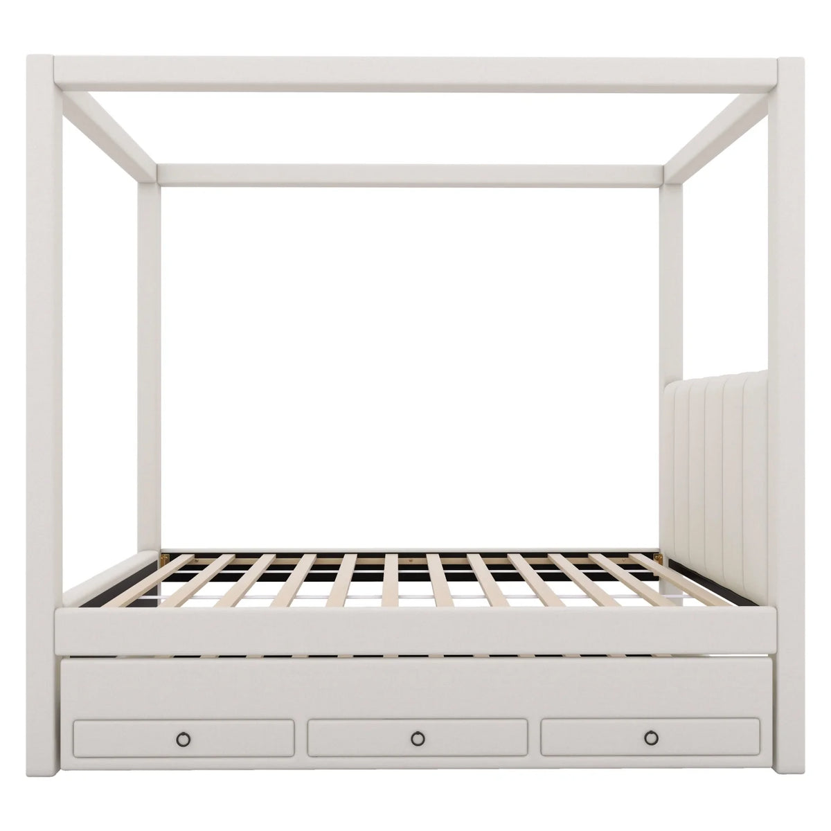 Harper & Bright Designs Twin Size Upholstery Canopy Platform Bed with Trundle and 3 Storage Drawers, Captain Platform Bed Frame with 4-Poster Canopy Roof, Beige