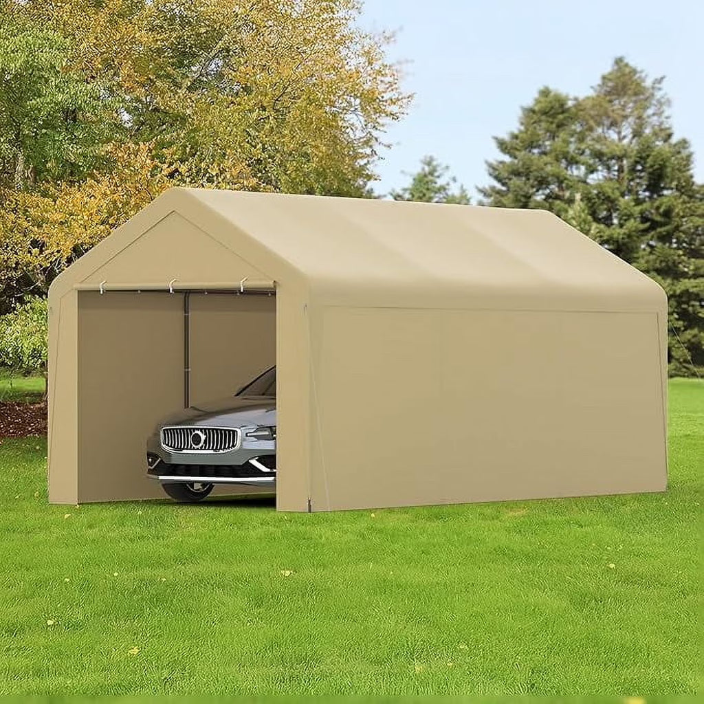 GOJOOASIS Carport, 10 x 20 Heavy Duty Carport Canopy with Removable Sidewall, Water-Resistant Portable PE Garage with All-Season Tarp Beige