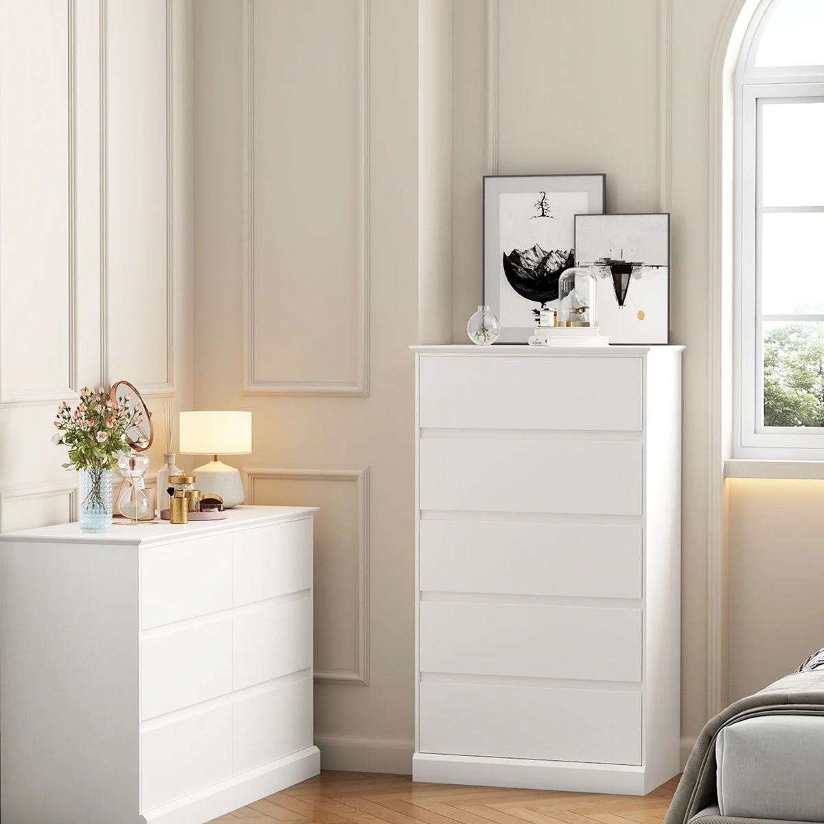 2 PCS  Dresser for Bedroom, 5 Drawer Dresser Black Chest of Drawers for Living Room Dressing Room Entryway -2PCS