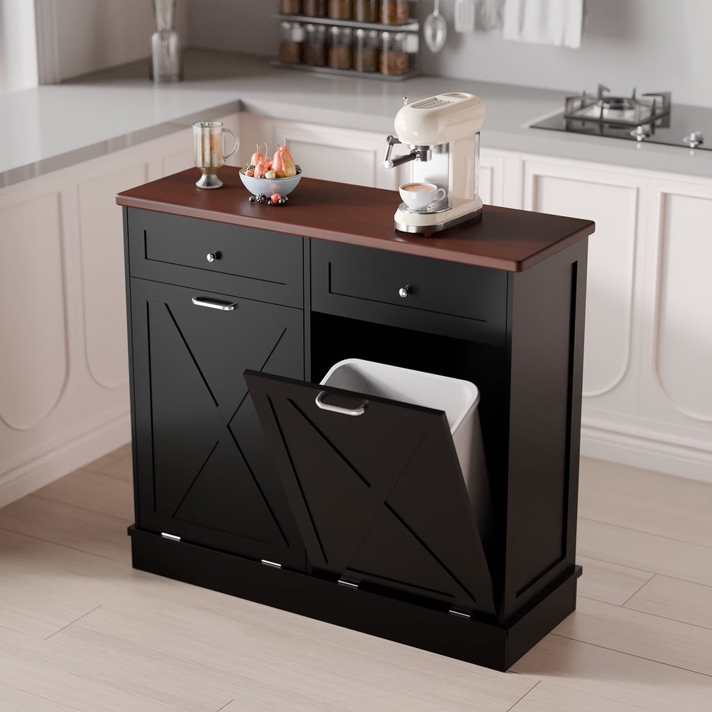 Tolead Double Tilt Out Trash Cabinet, Wooden Free Standing Laundry Sorter Cabinet, with Hideaway Drawer, White