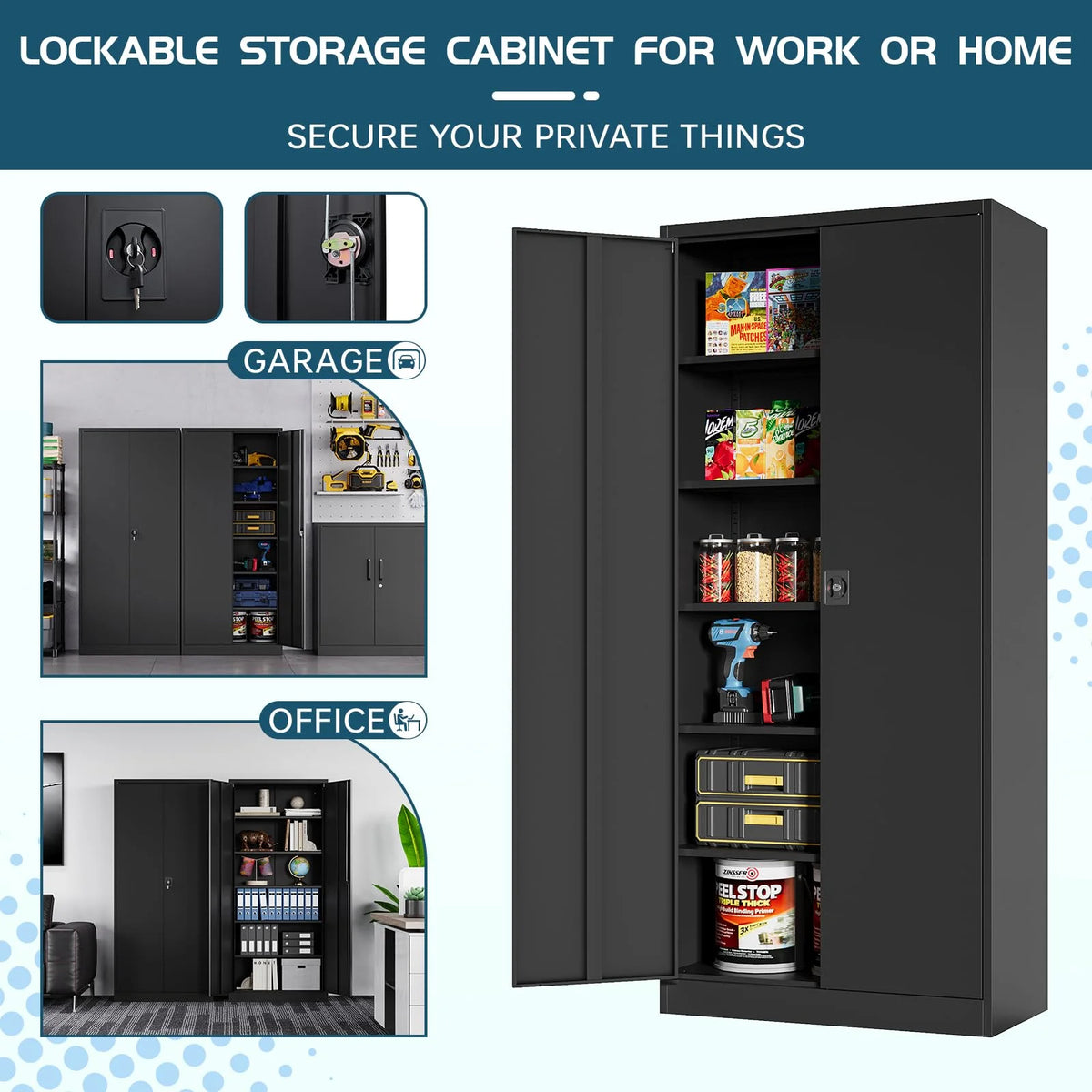 Fesbos Metal Garage Storage Cabinet,71" H Tall White Cabinet with 2 Doors and 5 Adjustbale Shelves,Lockable Tool Cabinet for Garage, Basement, Home Office