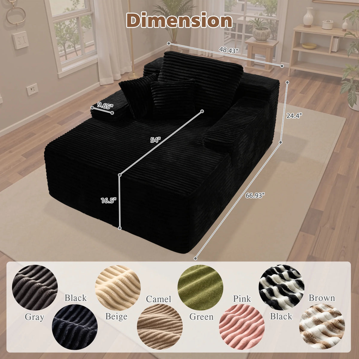 Ovios 67'' Oversized Chaise Lounge Chair Indoor Cloud Plush Corduroy Floor Sofa Bed Deep Seat No Assembly Couch for Living Room, Black