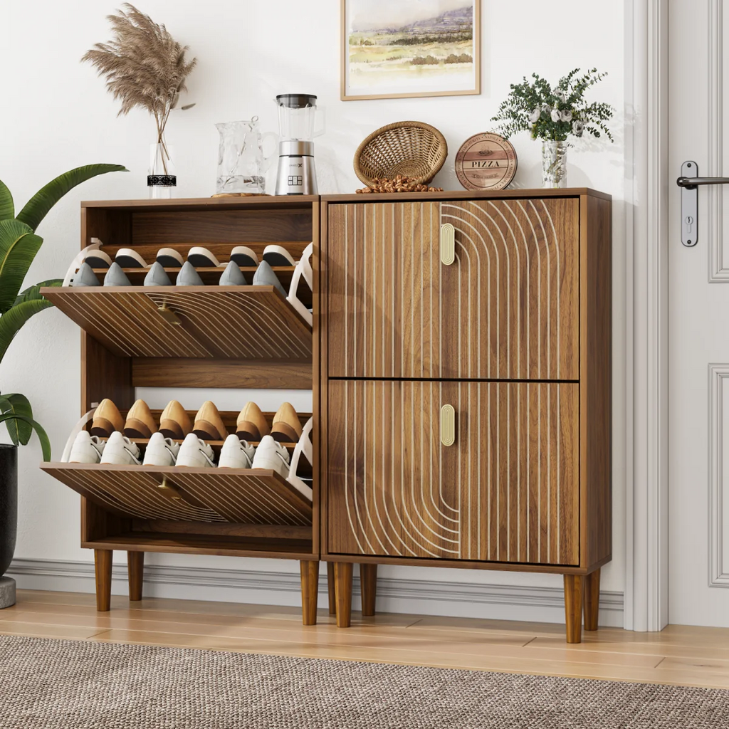 Hommoo 2 Flip Drawers Shoe Storage Cabinet, Freestanding Shoe Cabinet with Metal Handles & line groove design, Shoe Rack Cabinet, Walnut
