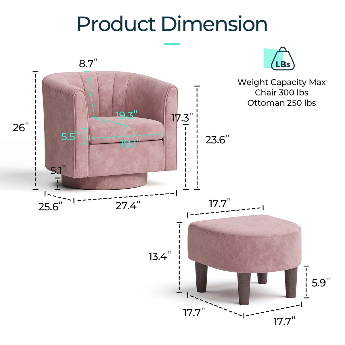 LINSY HOME Swivel Accent Chair with Ottoman, Velvet Barrel Chair for Living Room, Blue