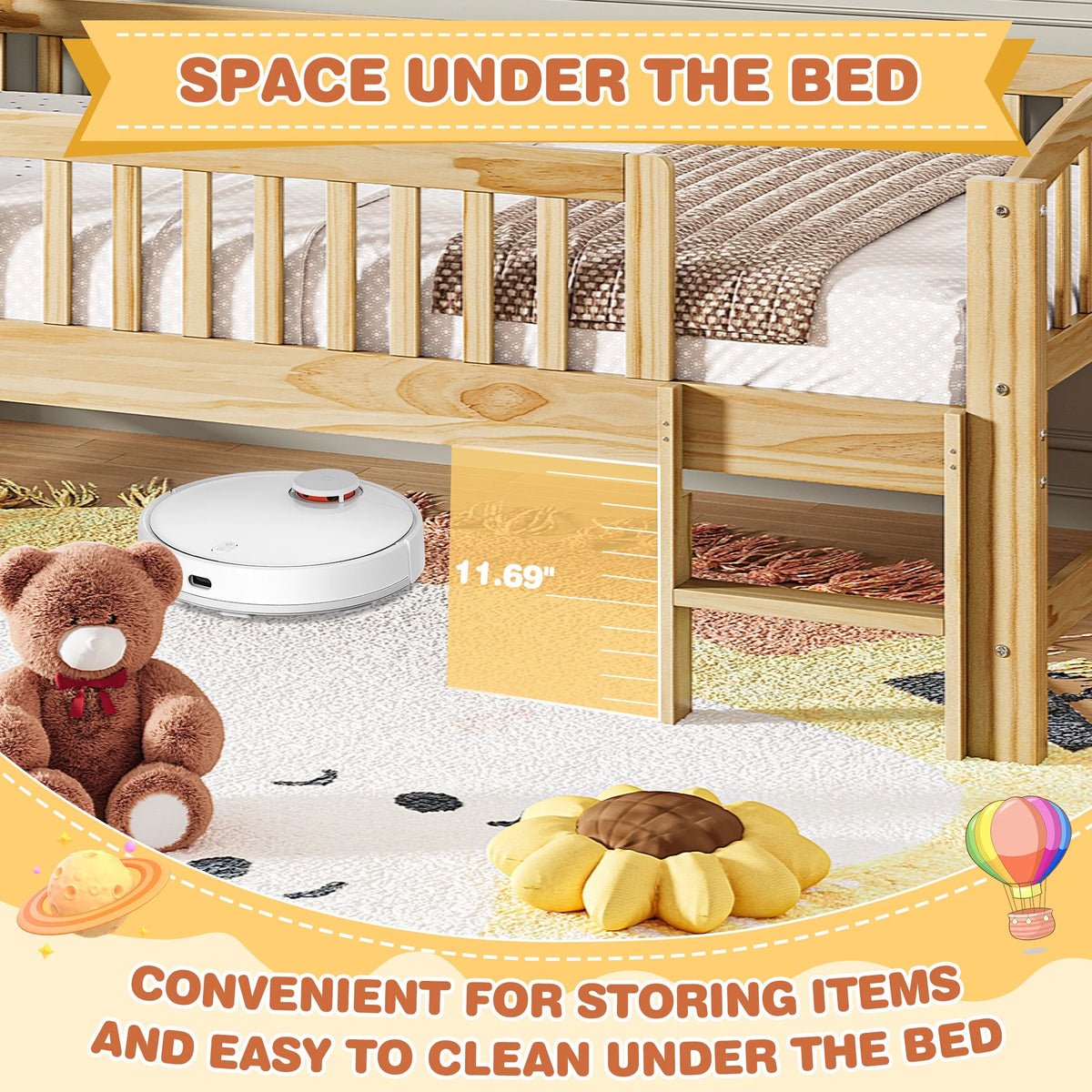 SESSLIFE Twin Size Platform Bed, Solid Wood Twin Bed Frame with Slats, Fence Guardrail Ladder, Twin Floor Bed with Strong Legs for Boys Girls, No Box Spring Needed, Holds 400 lbs, White