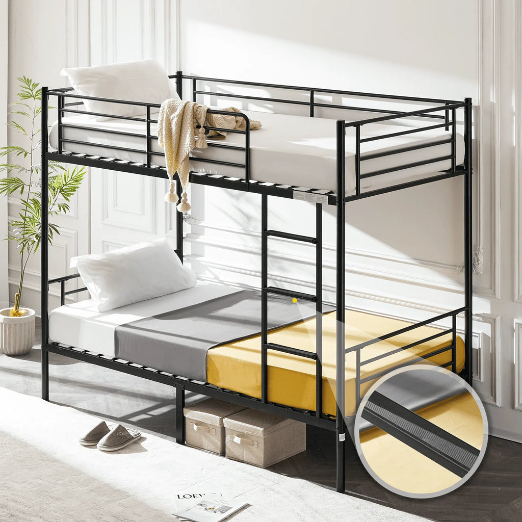 VINGLI Metal Bunk Bed Twin Over Twin with Flat Ladder and High Guardrail, Double Twin Bunk Beds for Kids/Teens/Adults, Bunk Bed with Stairs,Black