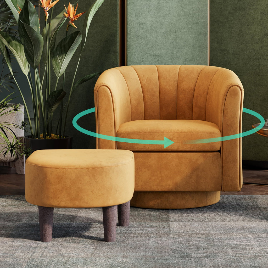 LINSY HOME Swivel Accent Chair with Ottoman, Velvet Barrel Chair for Living Room, Blue