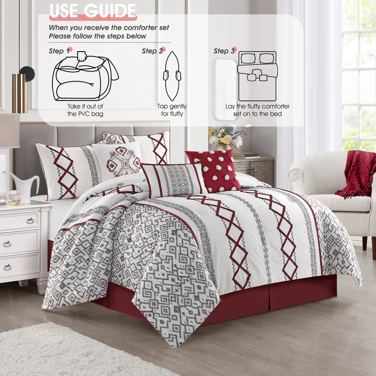 Lanco Luxury 7 Piece Cozy Boho Comforter Set Queen Beige Embroidered Girls Bedding, Premium Microfiber, All Season Home Décor