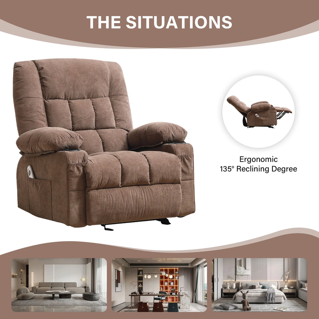 JONPONY Manual Recliner Chair with Heat Therapy and Massage Function, Heavy Duty Reclining Mechanism Massage Chair, Elderly Single Rocker Sofa with Cup Holders for Bedroom Home Theater,Blue