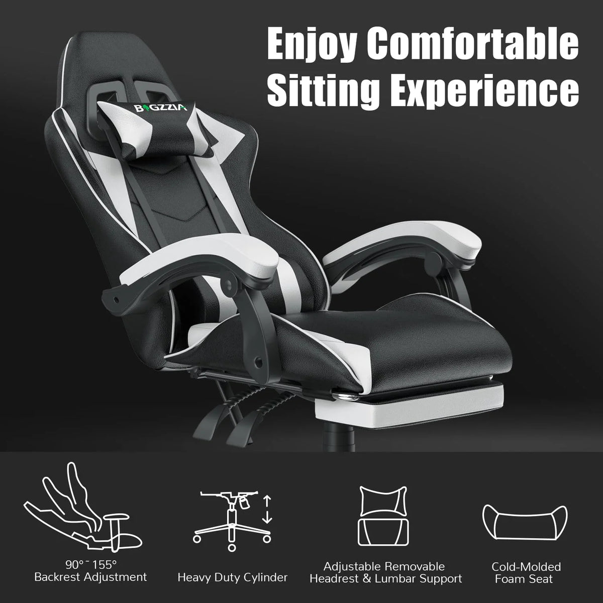 Bigzzia Gaming Chair Office Chair, Ergonomic Game Chair with Height Adjustable Headrest and Lumbar Support for Adults Teens, Black & White