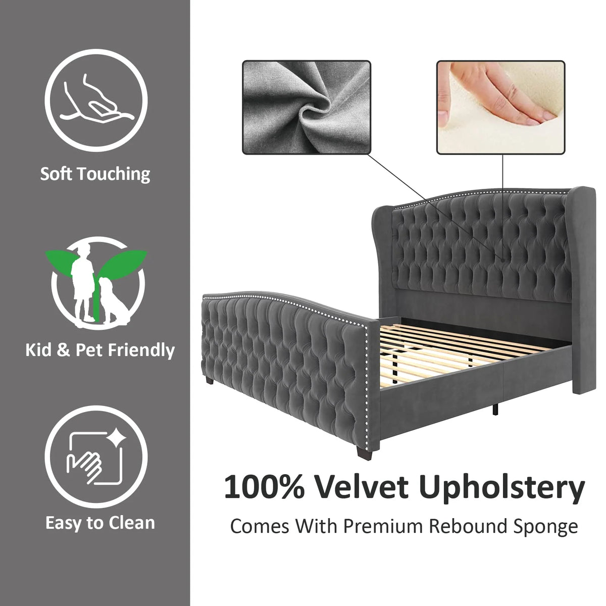 VANACC Queen Size Bed Frame, Velvet Upholstered Bed with Deep Button Tufted Wingback Headboard��Grey