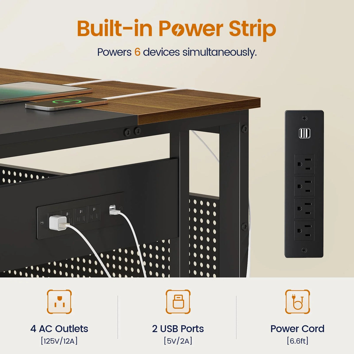 71" Executive Desk with Power Outlets, Modern L Shaped Office Desk with File Drawers and Pegboard, Large Computer Desk, Rustic Brown