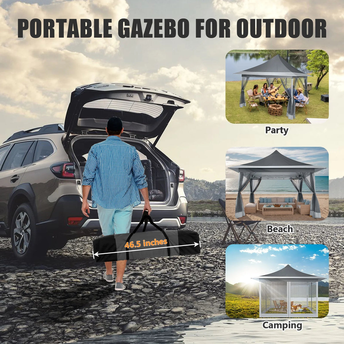 HOTEEL 12x12 EZ Pop Up Gazebo Tent with Sidewalls,Patio Gazebo Instant Shelter for Outdoor Party Camping Backyard Beach with Carry Bag,Stakes,Ropes,Gray