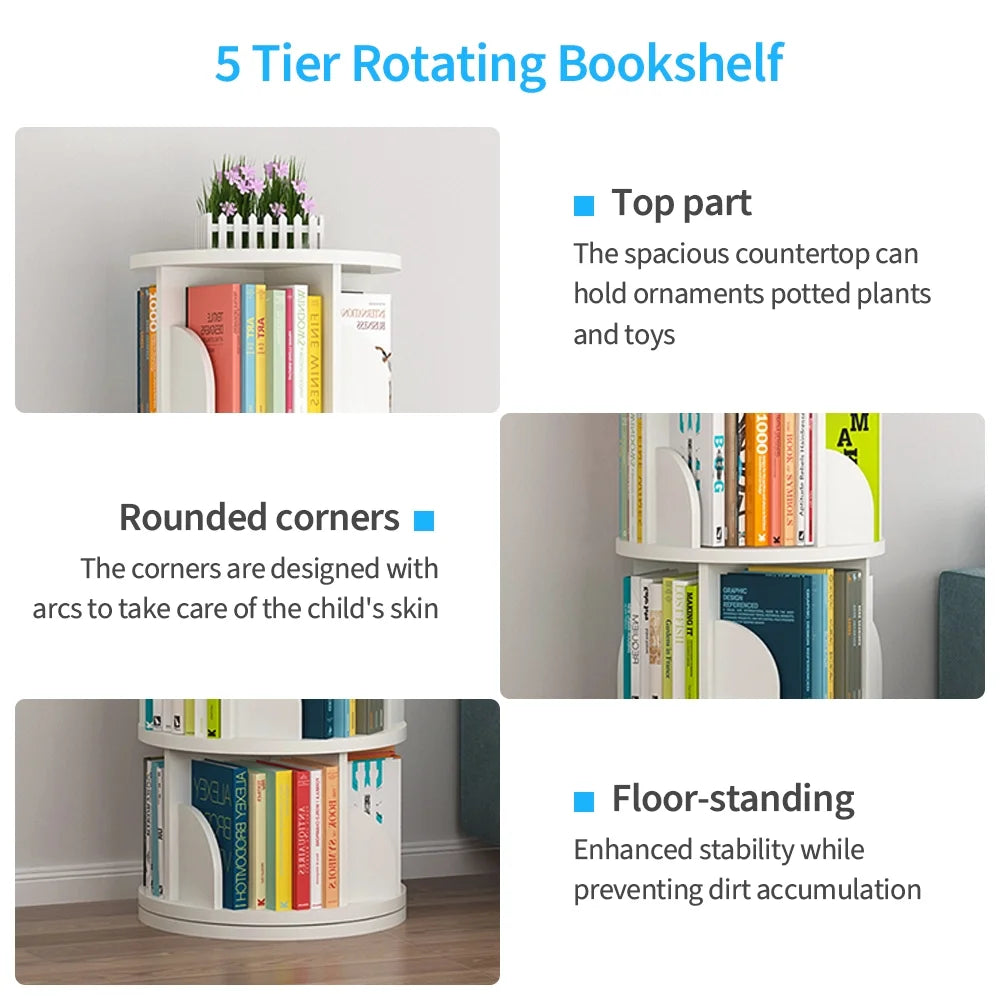 Bimiti 5 Tier Rotating Bookshelf, 360?�� Revolving Bookcase 20 Shelves Floor-Standing Storage Display Rack - White 63"x18"x18", Adult