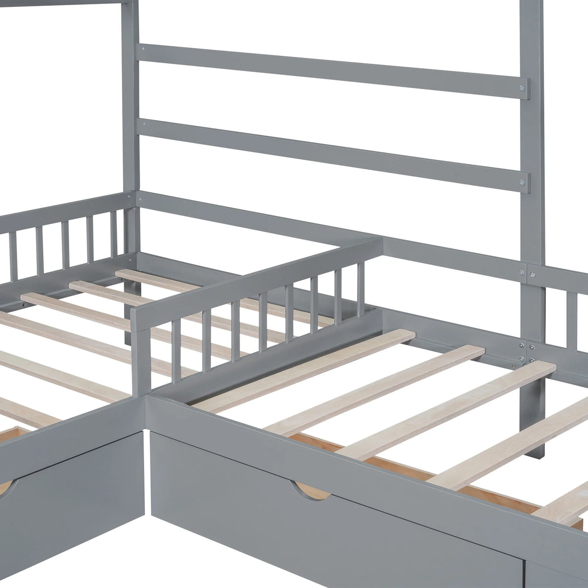 Bellemave House Bed Double Twin Beds, Wood L-Shape Twin Bed with 3 Storage Drawers, Montessori Bed with Roof and Fencefor Toddler Kids Girls Boys (White)