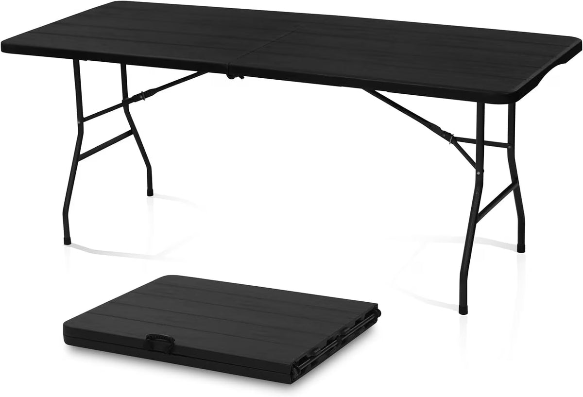 AJP Distributors 6 Foot Portable Plastic Folding Table 6FT 72" Half Foldable Heavy Duty Top w/Carry Handle - Indoor Outdoor Camping Picnic Party Wedding Dining Office Event Meeting Black Wood Style